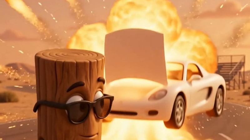 AI-generated cartoon parody image, not real footage: a cartoon log character and a white cartoon sports car.